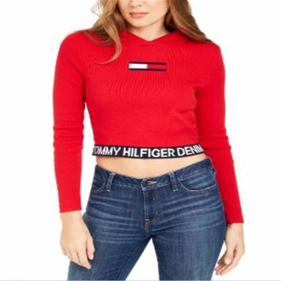 TOMMY HILFIGER Retro (2014) Cropped Hooded Pullover Knit Sweater in Red - Small - Picture 5 of 5